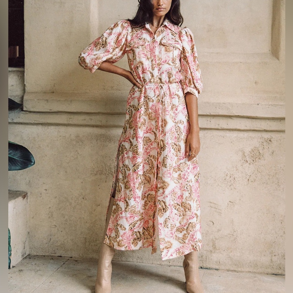 Significant Other Floral Printed Pink Puff Sleeve Midi Dress